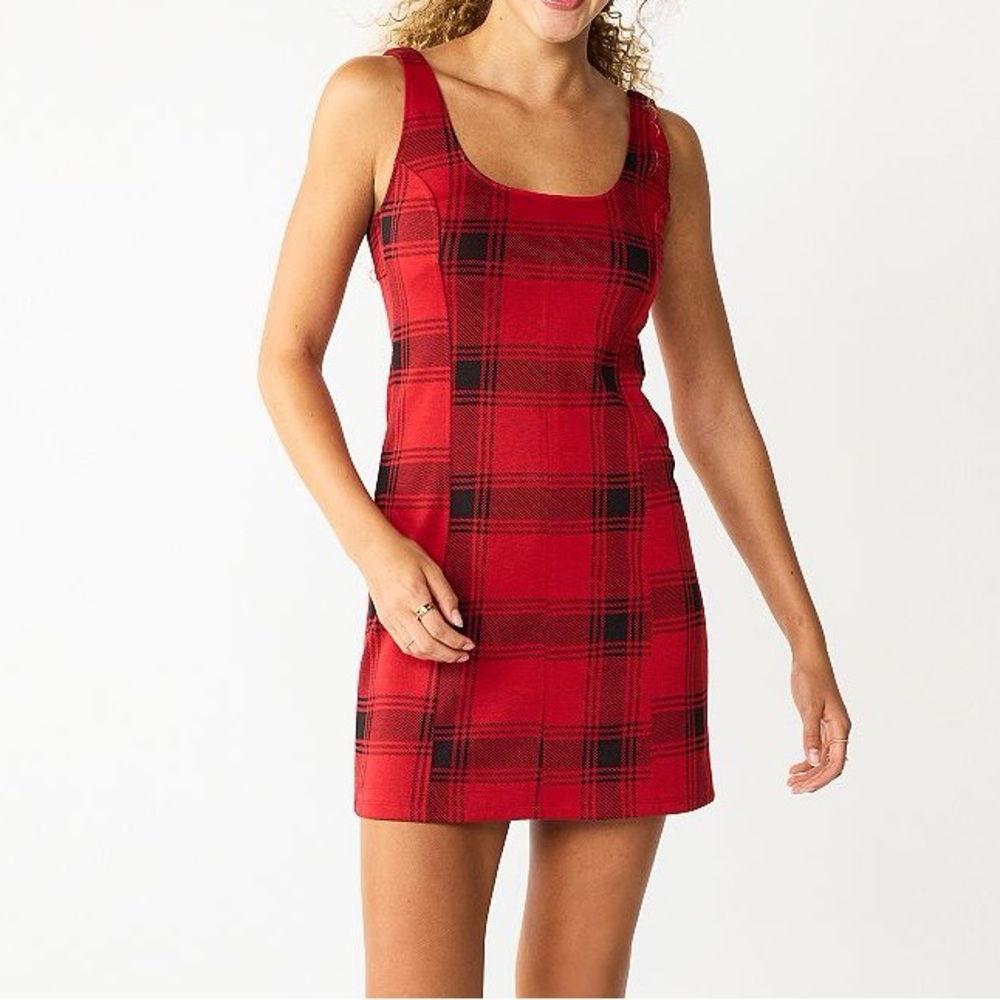 SO Red Black Plaid Knit Mini Dress Sleeveless Strappy Scoop Neck Stretch Medium